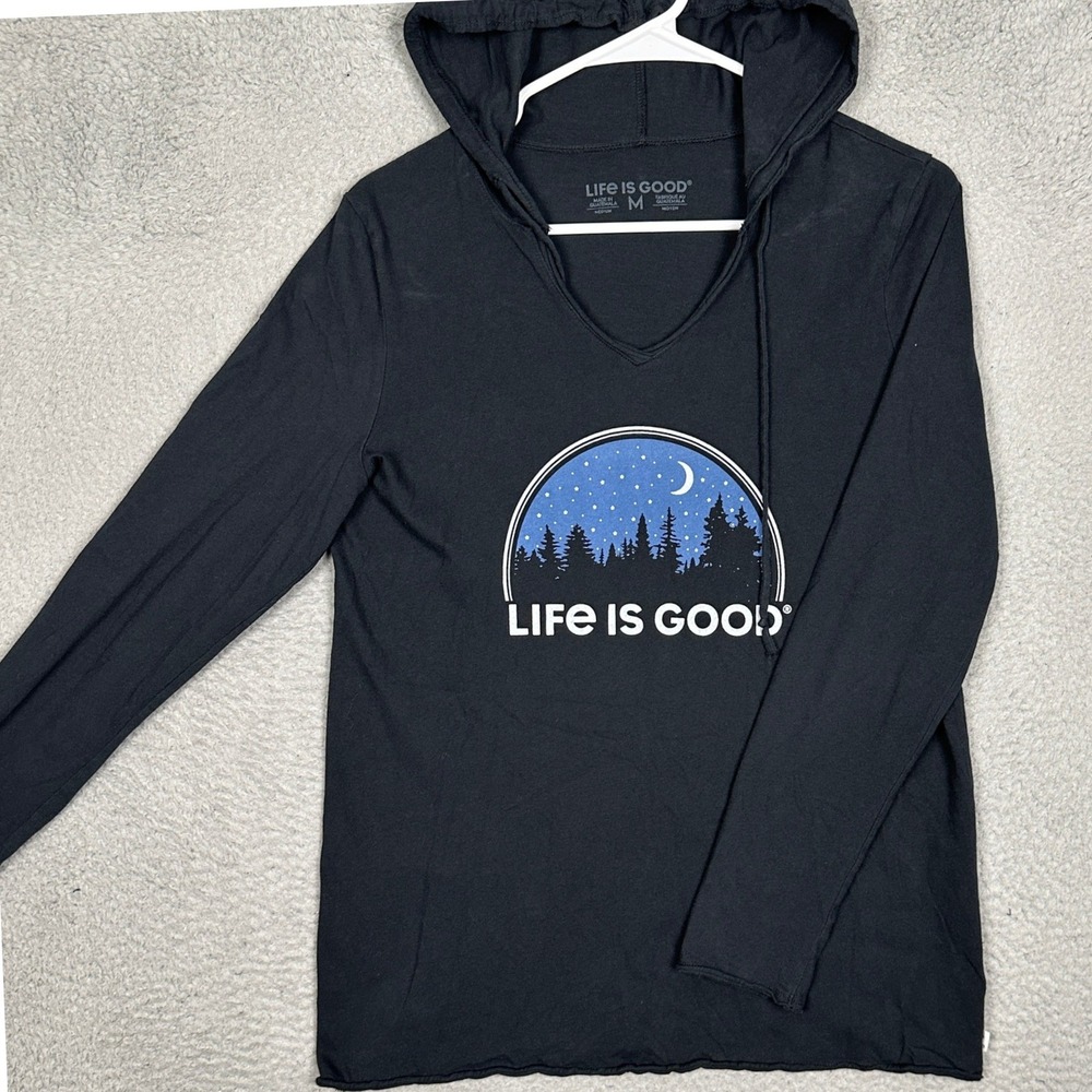 Life is Good Hoodie Shirt Women Medium Black Night Forest Moon Stars Graphic EUC